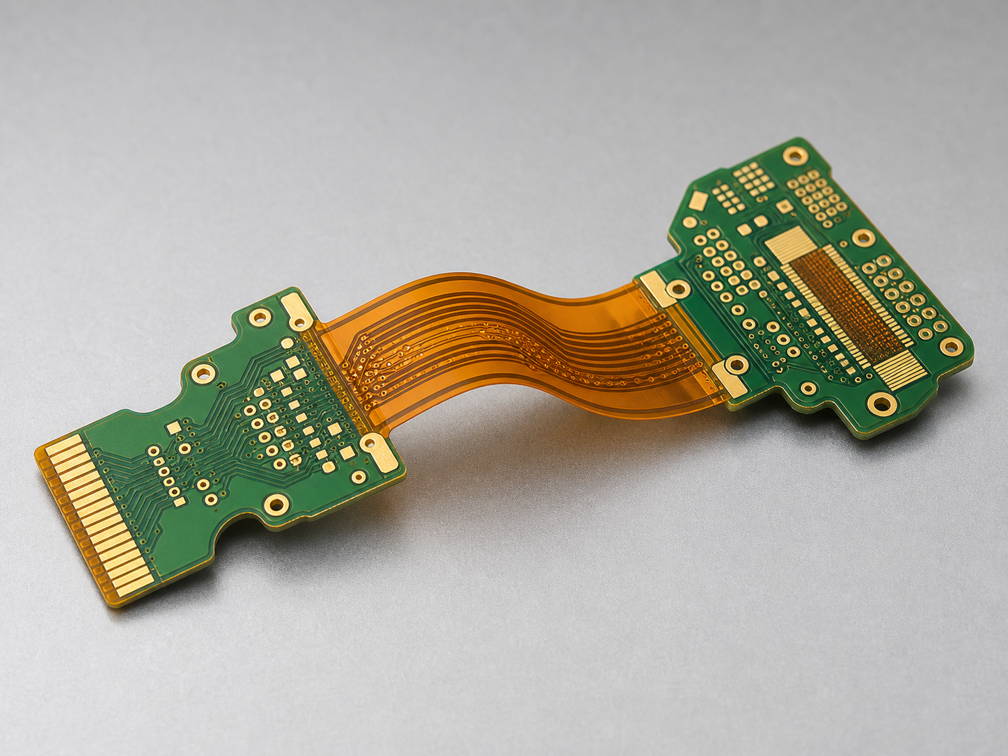 Rigid-flex PCB structure with rigid boards and flexible interconnect