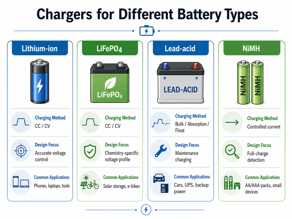 What Is the Difference Between Chargers for Lithium-Ion, Lead-Acid, NiMH, and LiFePO4 Batteries?