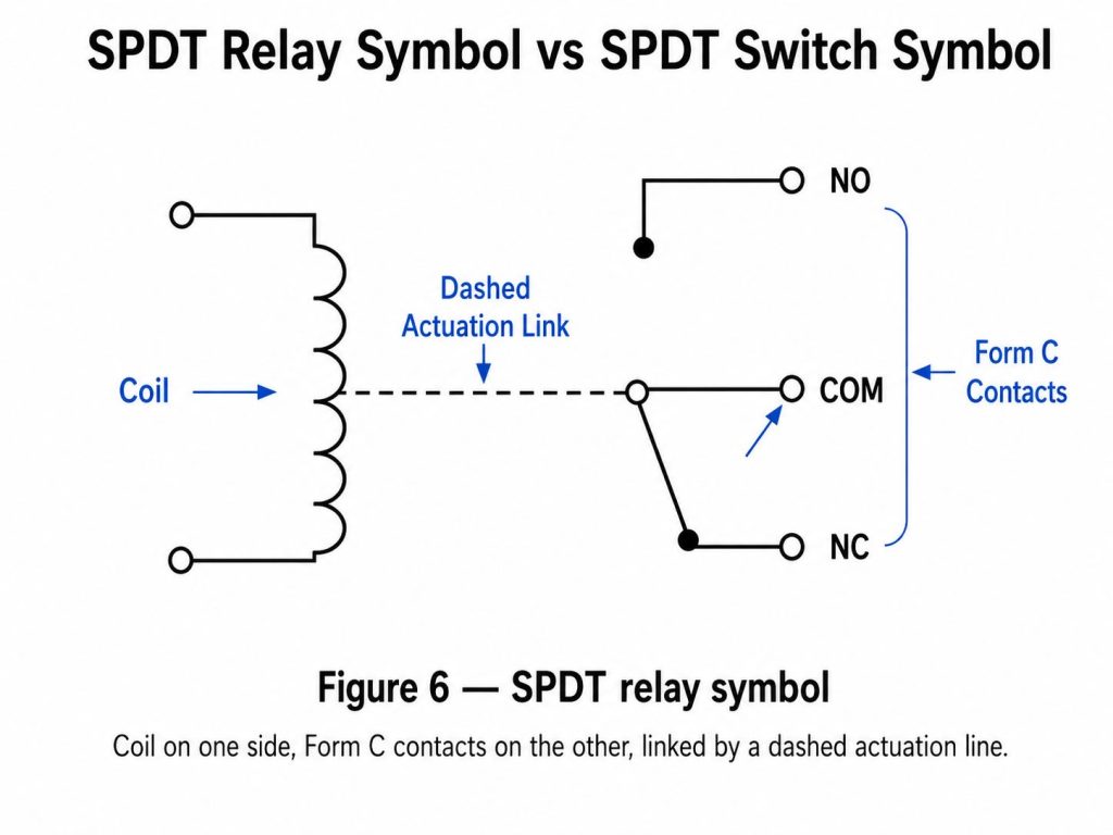 Figure 6: The SPDT relay symbol â a coil plus Form C (COM/NC/NO) contacts.