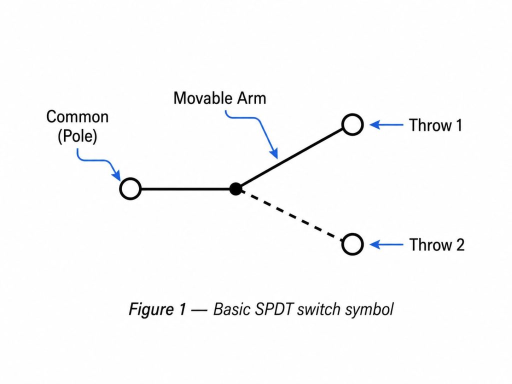 Figure 1: The basic Switch SPDT Symbolâ one common (pole) terminal and two throw terminals.