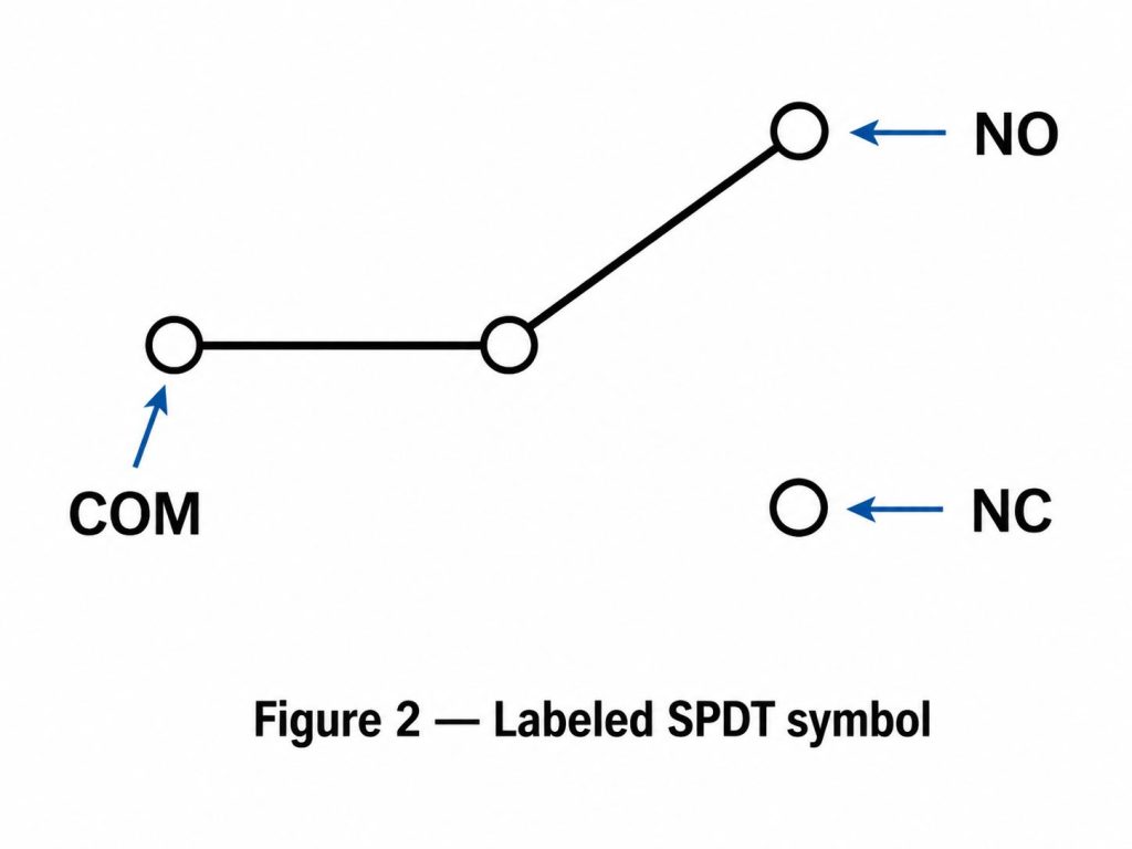 Figure 2: A labeled SPDT switch symbol showing the COM, NC, and NO terminals.