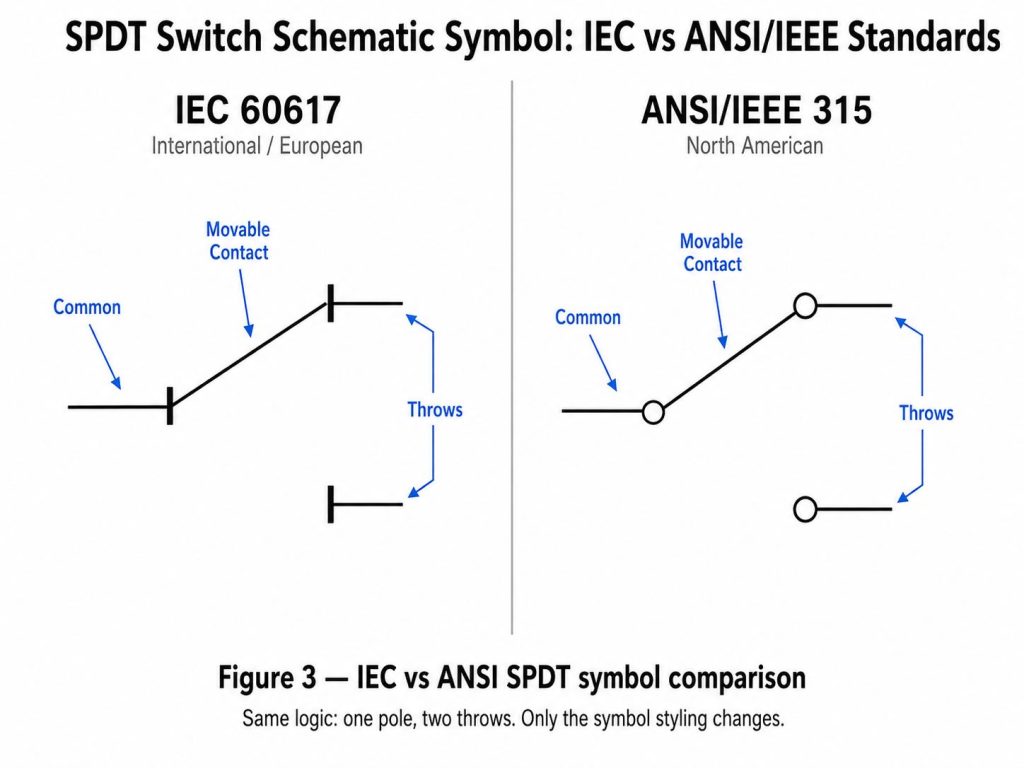 Figure 3: The SPDT switch symbol in IEC 60617 and ANSI/IEEE 315 styles.