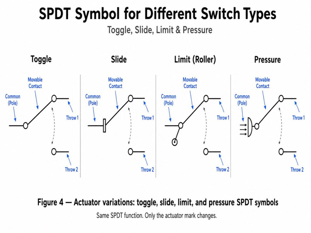Figure 4: SPDT symbol variations for toggle, slide, limit, and pressure switches.