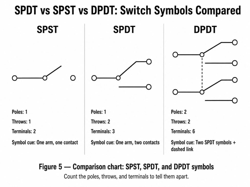 Figure 5: SPST vs SPDT vs DPDT switch symbols compared, with terminal counts.