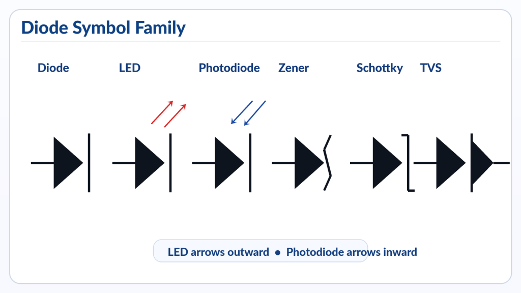What Are the Main Types of LED Symbols and Related Diode Symbols?