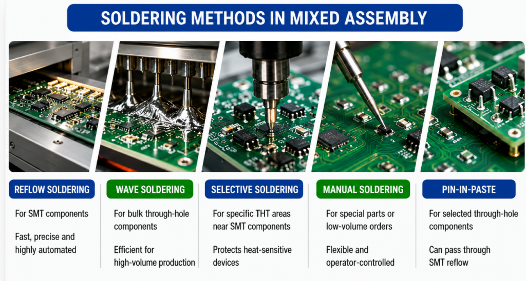 soldering methods in mixed assembly, https://www.bestpcbs.com/blog/2026/06/mixed-technology-pcb-assembly/