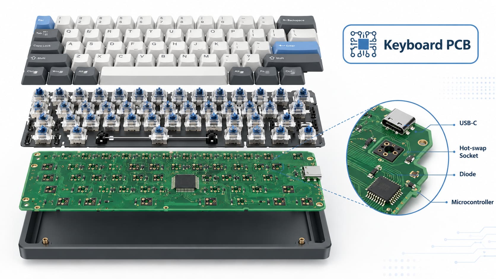 Exploded mechanical keyboard showing keycaps, switches, keyboard PCB, USB-C connector, hot-swap sockets, diodes, microcontroller, and case
