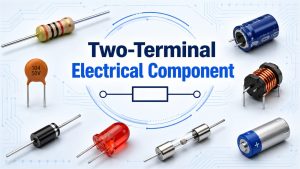 Two-terminal electrical component examples including a resistor, capacitor, inductor, diode, LED, fuse, and battery