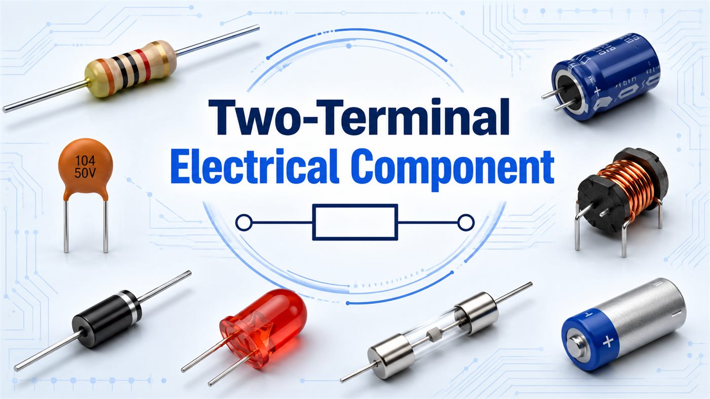 Two-terminal electrical component examples including a resistor, capacitor, inductor, diode, LED, fuse, and battery