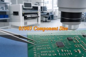 01005 component size shown on a precision electronics assembly inspection bench
