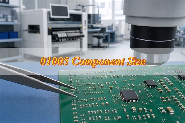 01005 component size shown on a precision electronics assembly inspection bench
