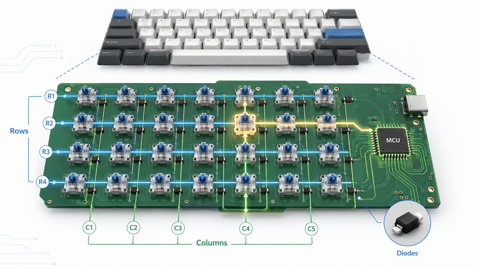 Keyboard matrix diagram showing rows, columns, diodes, a selected switch path, and the microcontroller