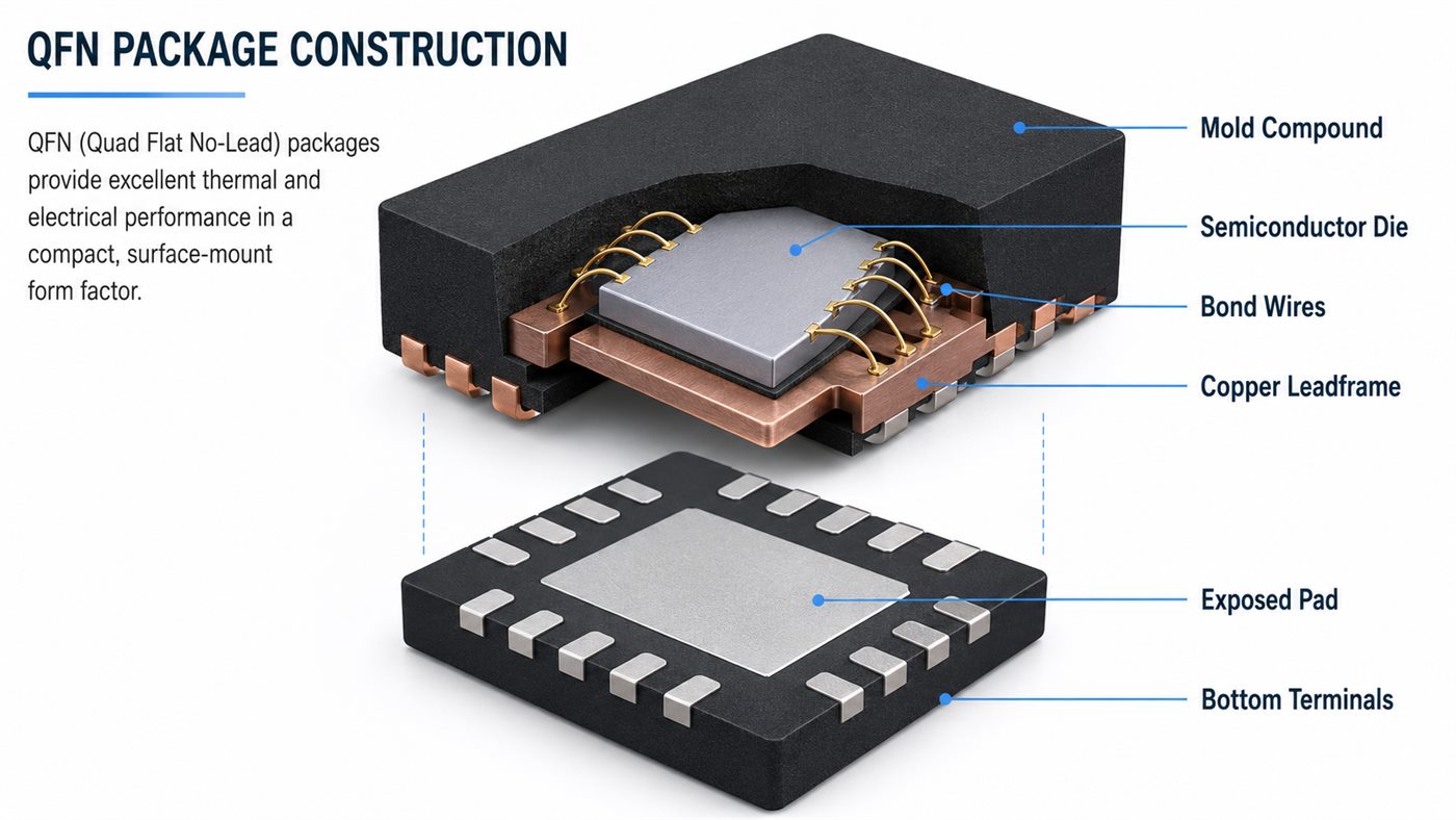 QFN package construction showing mold compound, semiconductor die, bond wires, copper leadframe, exposed pad and bottom terminals