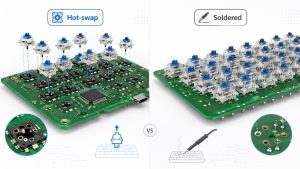 Side-by-side comparison of removable hot-swap keyboard switches and switches soldered directly to a PCB