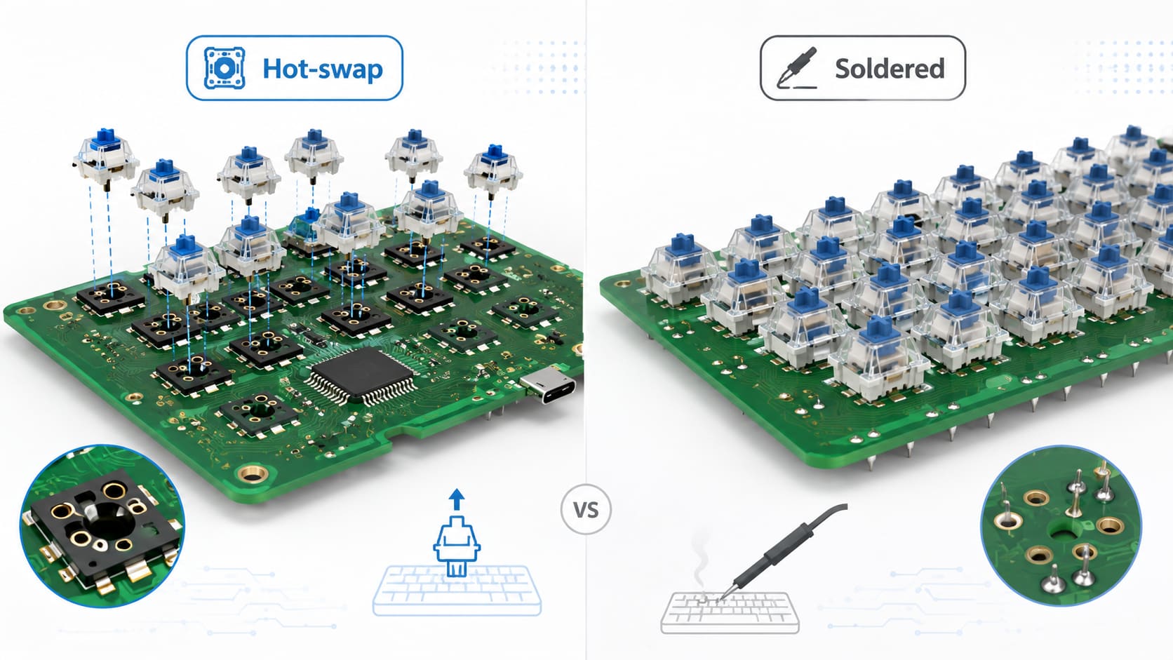 Side-by-side comparison of removable hot-swap keyboard switches and switches soldered directly to a PCB