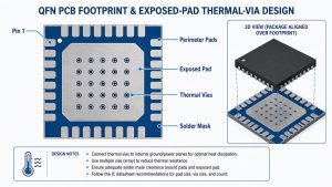QFN PCB footprint with perimeter pads, exposed thermal pad, thermal vias, solder mask and pin 1 marker