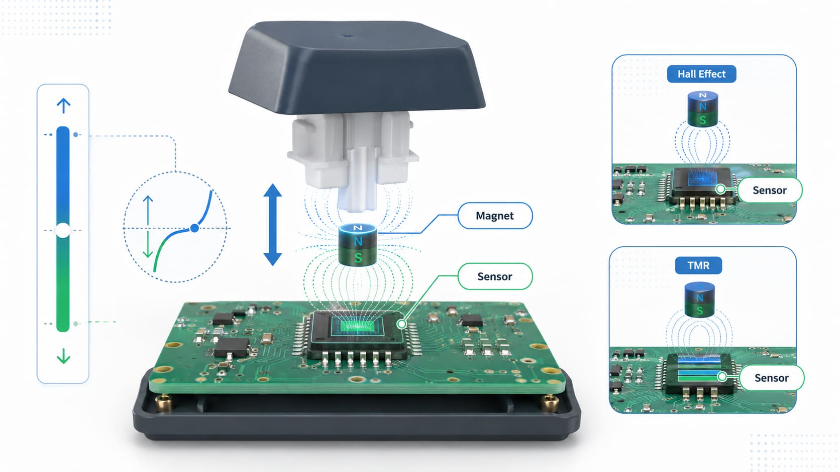 Magnetic keyboard switch diagram showing a moving magnet above Hall Effect and TMR sensors on a PCB