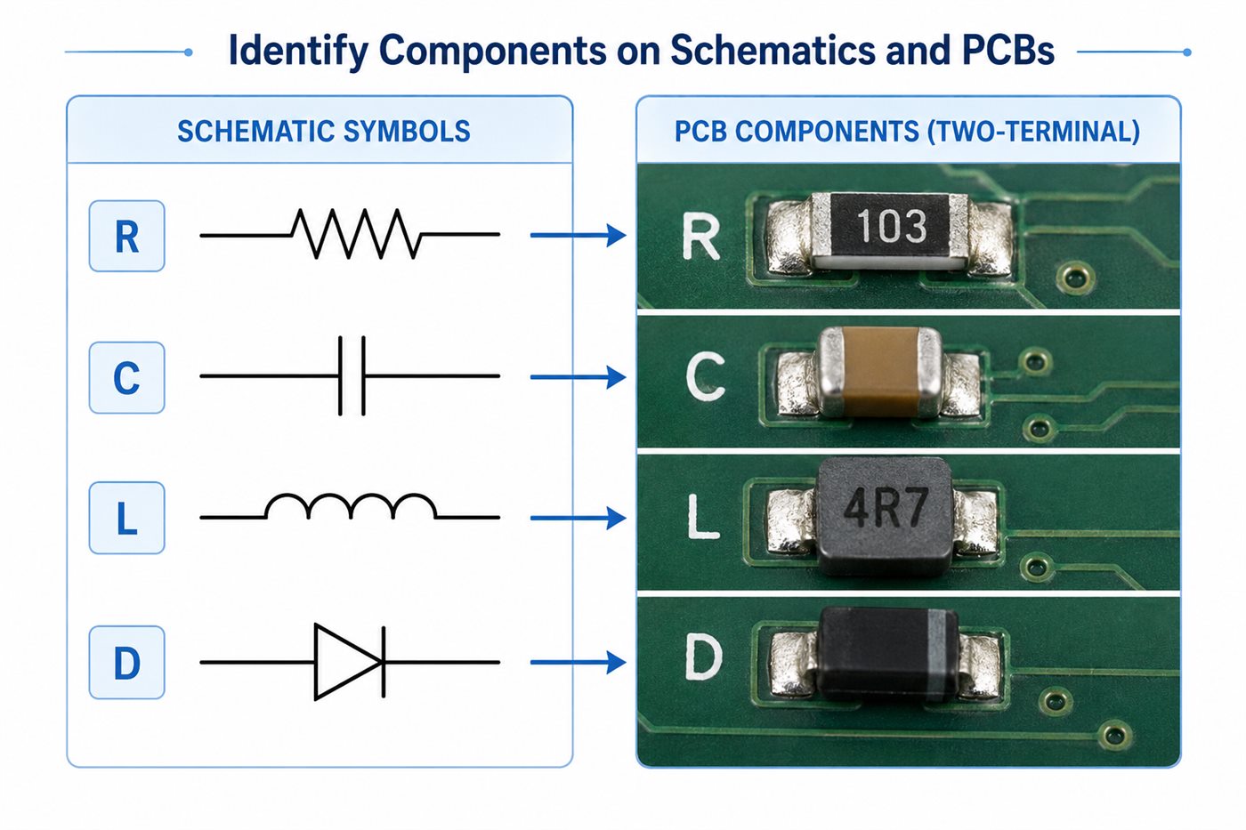Matching resistor, capacitor, inductor, and diode schematic symbols to physical PCB components