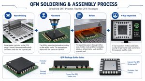 QFN soldering and SMT assembly process from paste printing and placement to reflow and X-ray inspection