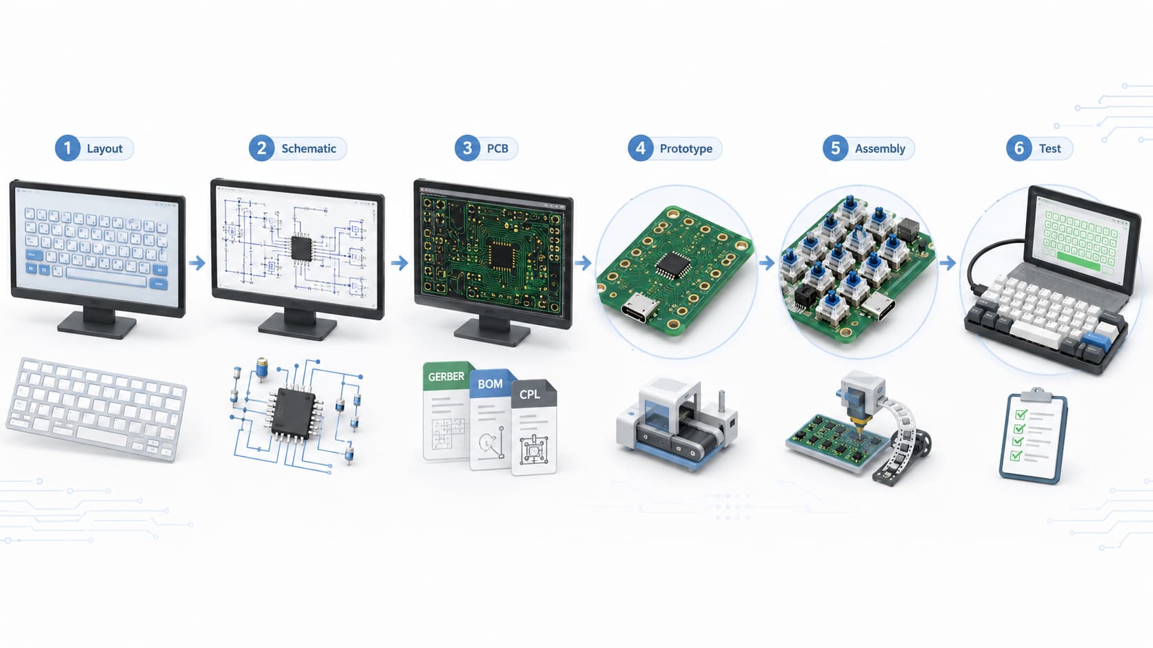Keyboard PCB development workflow from layout and schematic through PCB fabrication, assembly, and functional testing