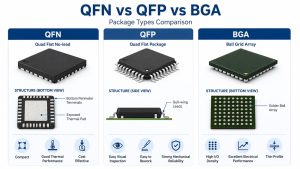 QFN vs QFP vs BGA package comparison showing terminal structures and typical strengths