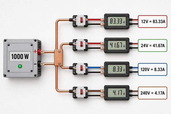 1000 watts to amps formula for common voltage values