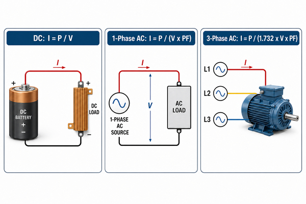DC single-phase AC and three-phase watts to amps formulas