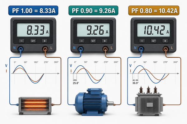 Power factor effect on watts to amps current calculation