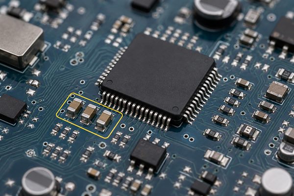 For decoupling, a 104 ceramic capacitor should sit close to the IC power and ground pins with a short return path.