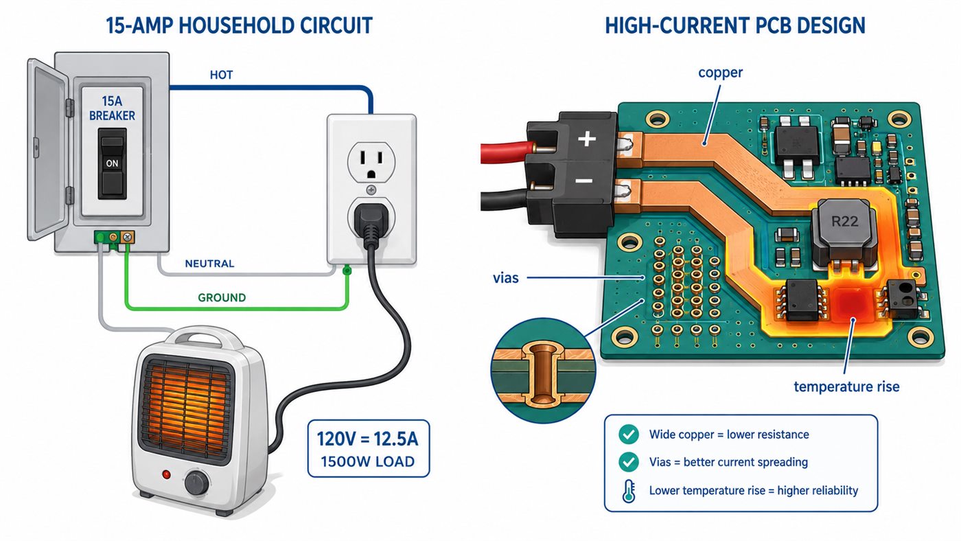 15-amp household circuit and high-current PCB design for a 1500-watt load
