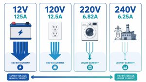 Comparison of 1500 watts current at 12V, 120V, 220V and 240V