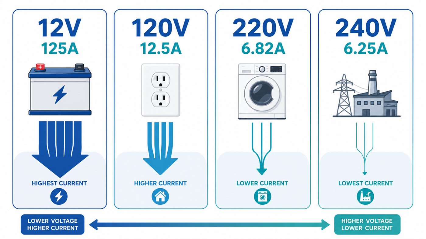 Comparison of 1500 watts current at 12V, 120V, 220V and 240V