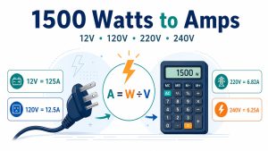 1500 watts to amps conversion at 12V, 120V, 220V and 240V