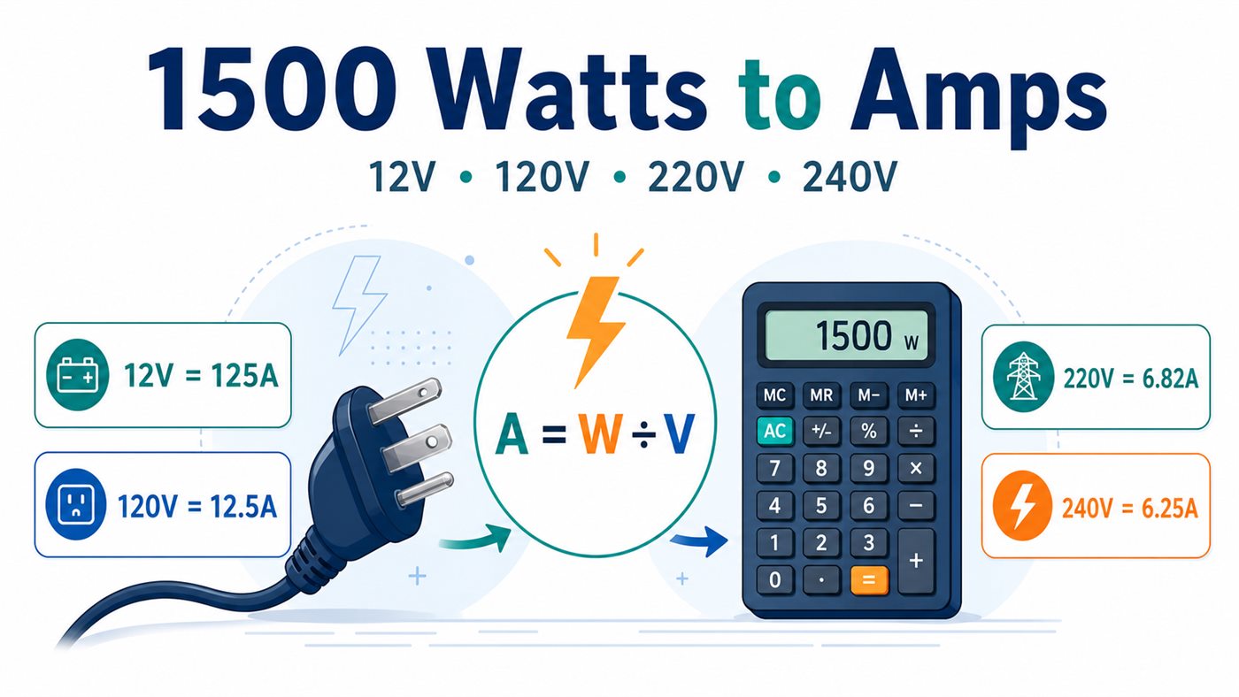 1500 watts to amps conversion at 12V, 120V, 220V and 240V