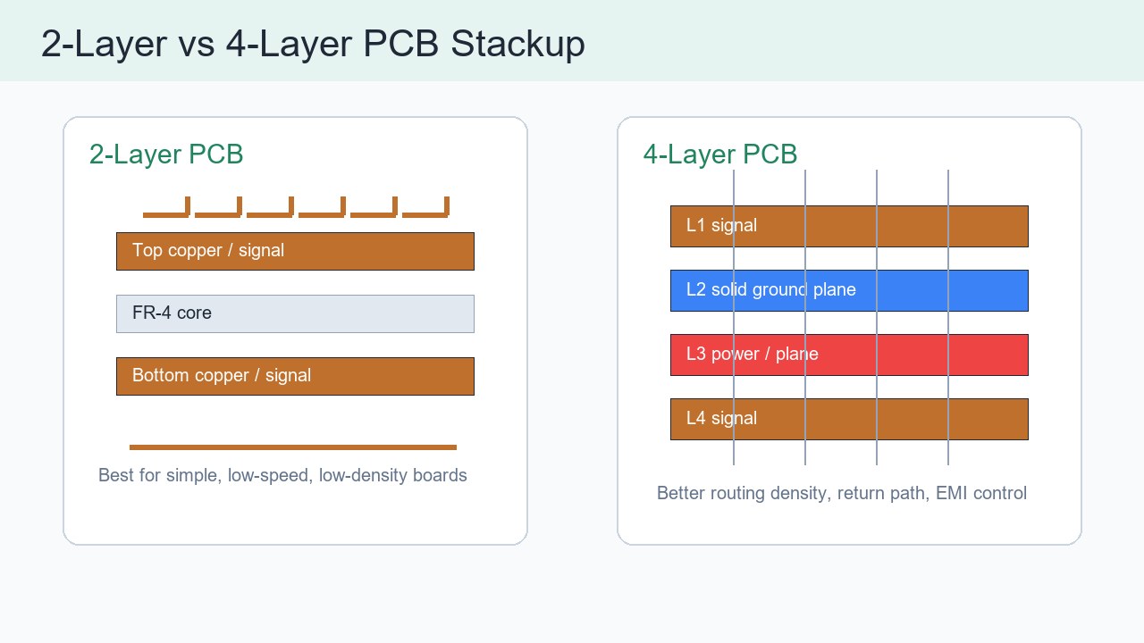 Side by side stackup comparison of a 2 layer PCB and a 4 layer PCB