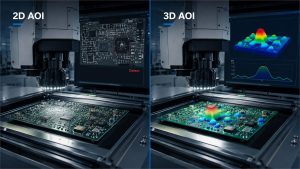 Side-by-side comparison of 2D AOI image inspection and 3D AOI height measurement