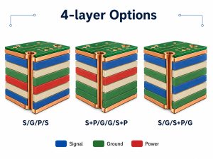 Three common 4-layer PCB stackup arrangements