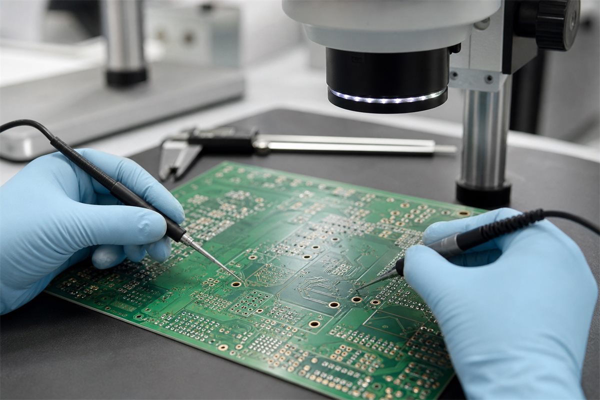 Six-layer PCB DFM inspection under magnification with precision probes