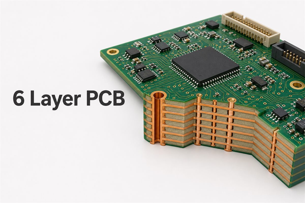 6 Layer PCB shown as a six-copper-layer technical cutaway