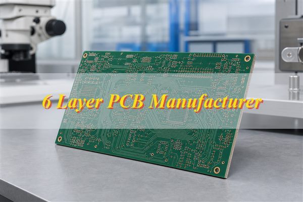 Custom 6 layer PCB manufacturer sample on an electronics inspection bench