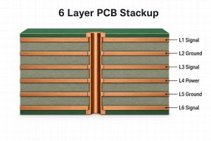 6 Layer PCB Stackup with six labeled copper layers and dielectric spacing