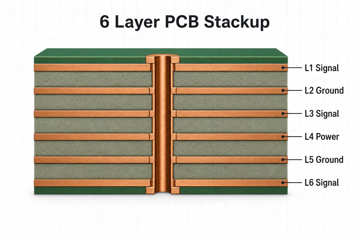 6 Layer PCB Stackup with six labeled copper layers and dielectric spacing