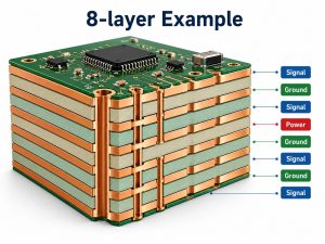 Practical 8-layer PCB stackup with signal, ground, and power layers