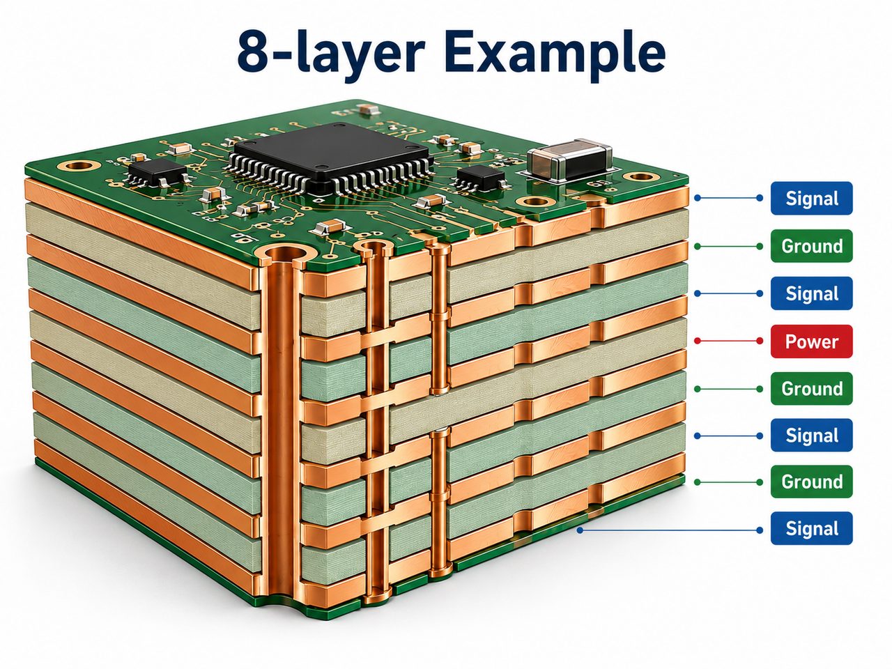 Practical 8-layer PCB stackup with signal, ground, and power layers