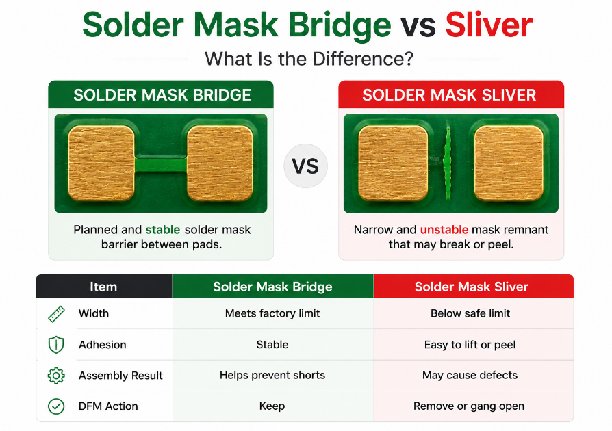 Solder Mask Bridge vs Sliver, https://www.bestpcbs.com/blog/2026/07/solder-mask-bridge/