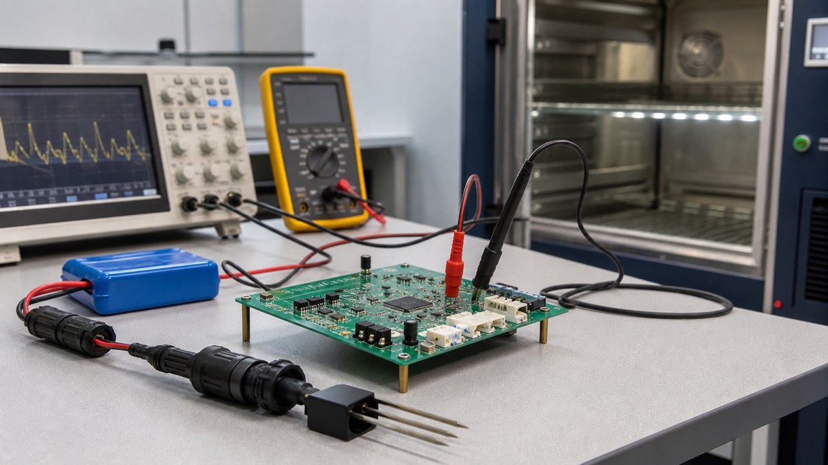 Agriculture PCB field reliability testing with probes, battery input, connector harness and environmental chamber