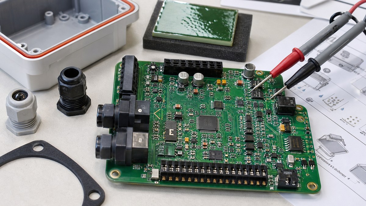 Agriculture sensor PCB protection review with enclosure gasket, cable glands, coating sample and probes