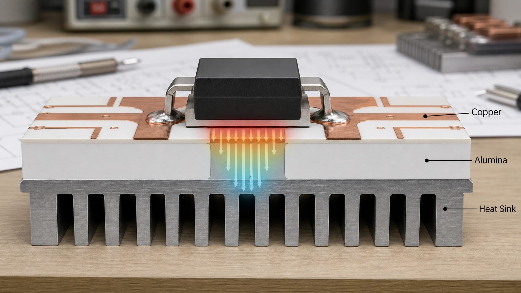 Alumina ceramic PCB thermal path from component through copper and ceramic to heat sink