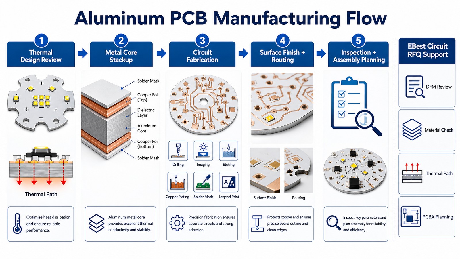 Aluminum PCB manufacturing flow from thermal design review to metal core stackup circuit fabrication inspection and PCBA planning