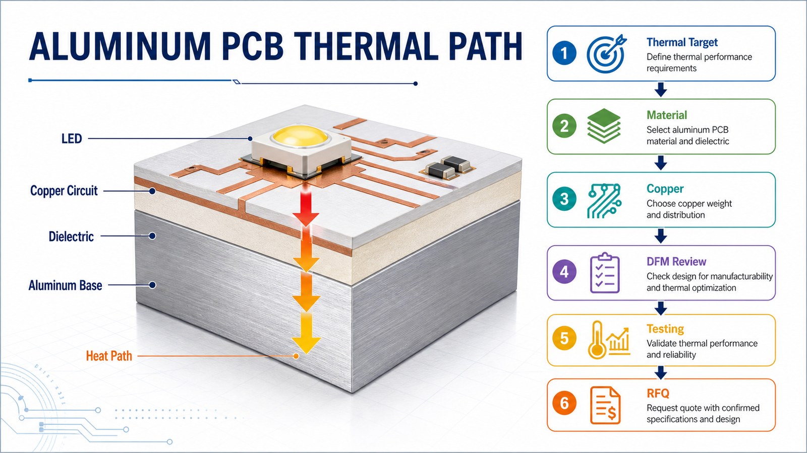 Aluminum PCB thermal path from LED through copper circuit dielectric and aluminum base